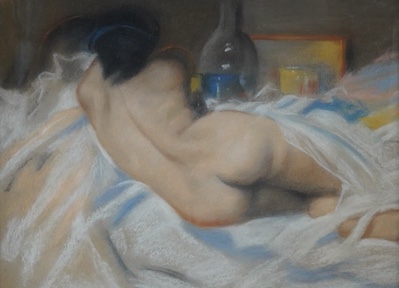 Charles Perron (French, 1893-1958), Study of a reclining nude woman, Cadres et Encadrement, Paris label verso, unsigned, pastel, 33 x 45cm